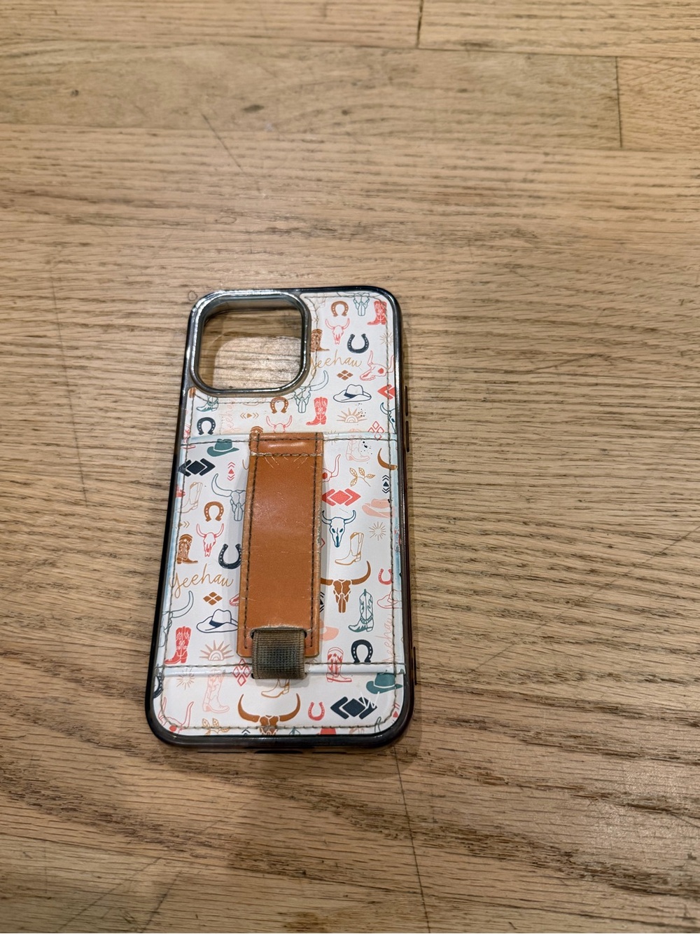 iPhone 15 pro max Walli Leather Strap White & Brown Western Print Phone Case